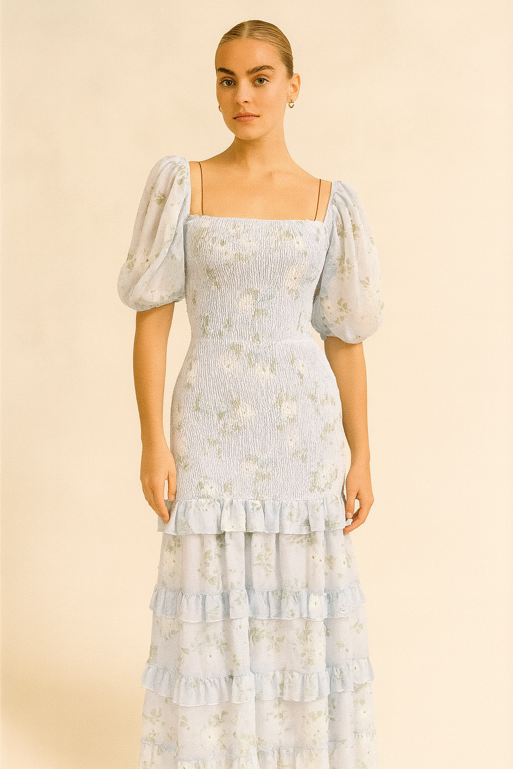 Puff Sleeve Slimming Dress Hot Girl High Waist off-Shoulder Printed Dress