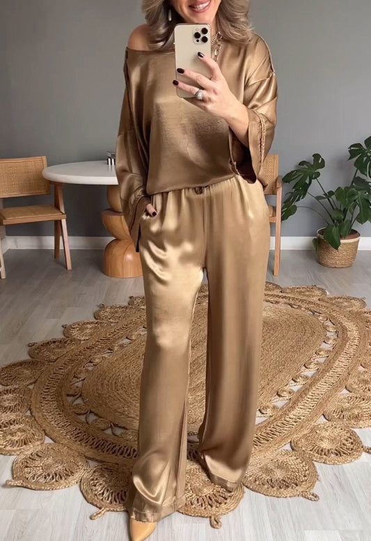 Satin Crew Neck Long Sleeve Two-piece Suit