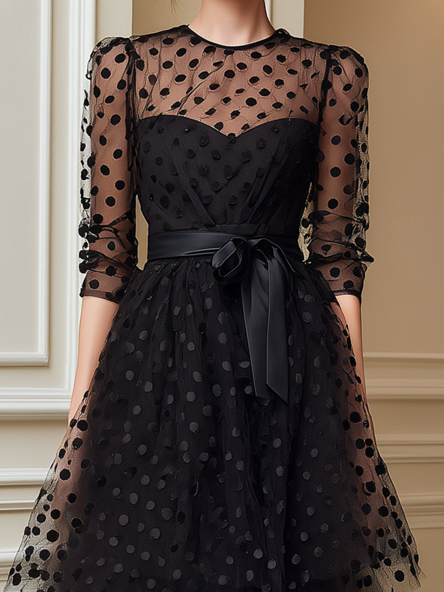 Sheer Polka Dot Tulle Belted Midi Dress