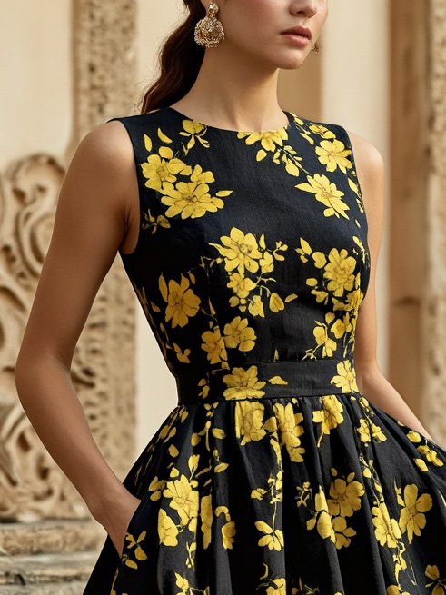 Midi Linen Dress , Sleeveless, Round Neck, Floral, Pocket Design, Vintage, Black