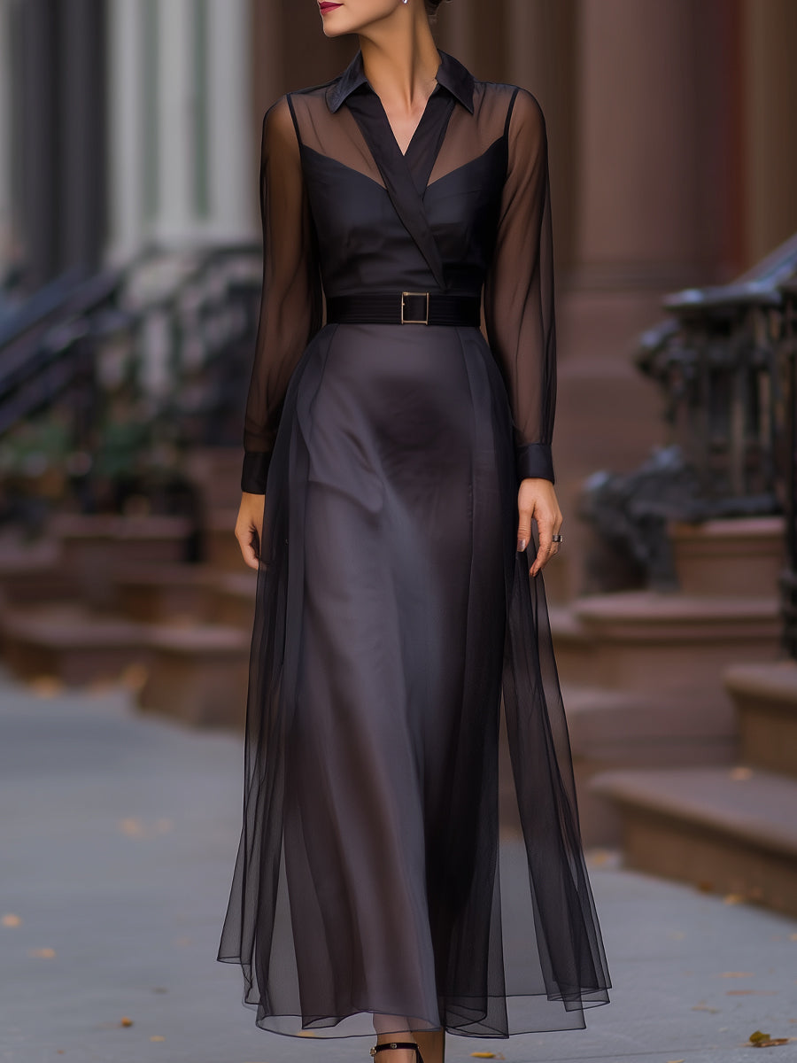 Sheer Mesh Overlay Maxi Shirt Dress