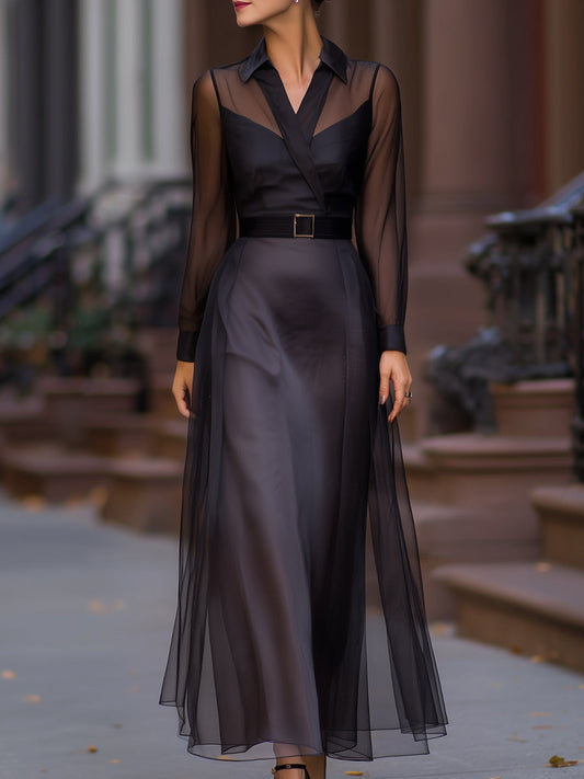 Sheer Mesh Overlay Maxi Shirt Dress