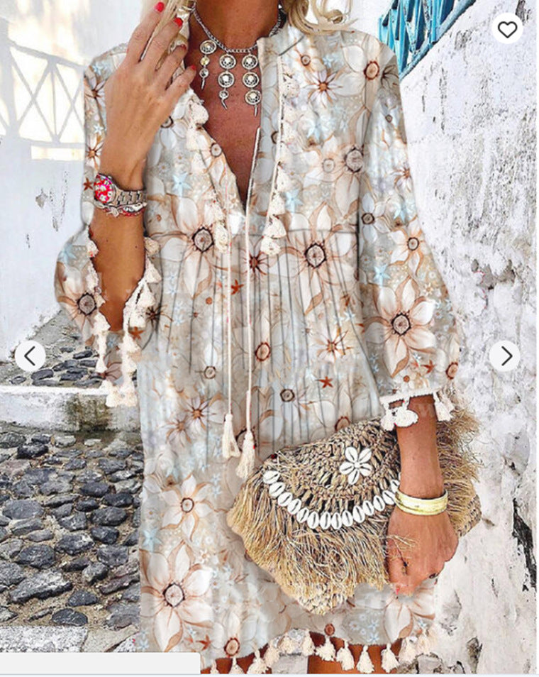 Printed V-neck Pink Turtleneck Tassel Boho Dress