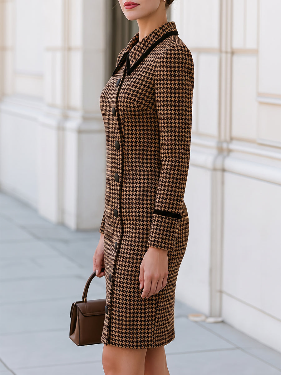 Houndstooth Tweed Midi Dress With Black Velvet Collar Trim For Office & Wedding Guest Occasions