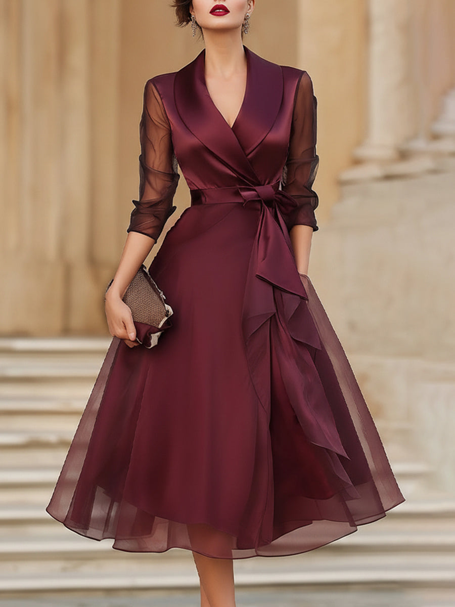 Burgundy Wrap Midi Dress for Wedding Guest – Sheer Sleeve Formal Dress