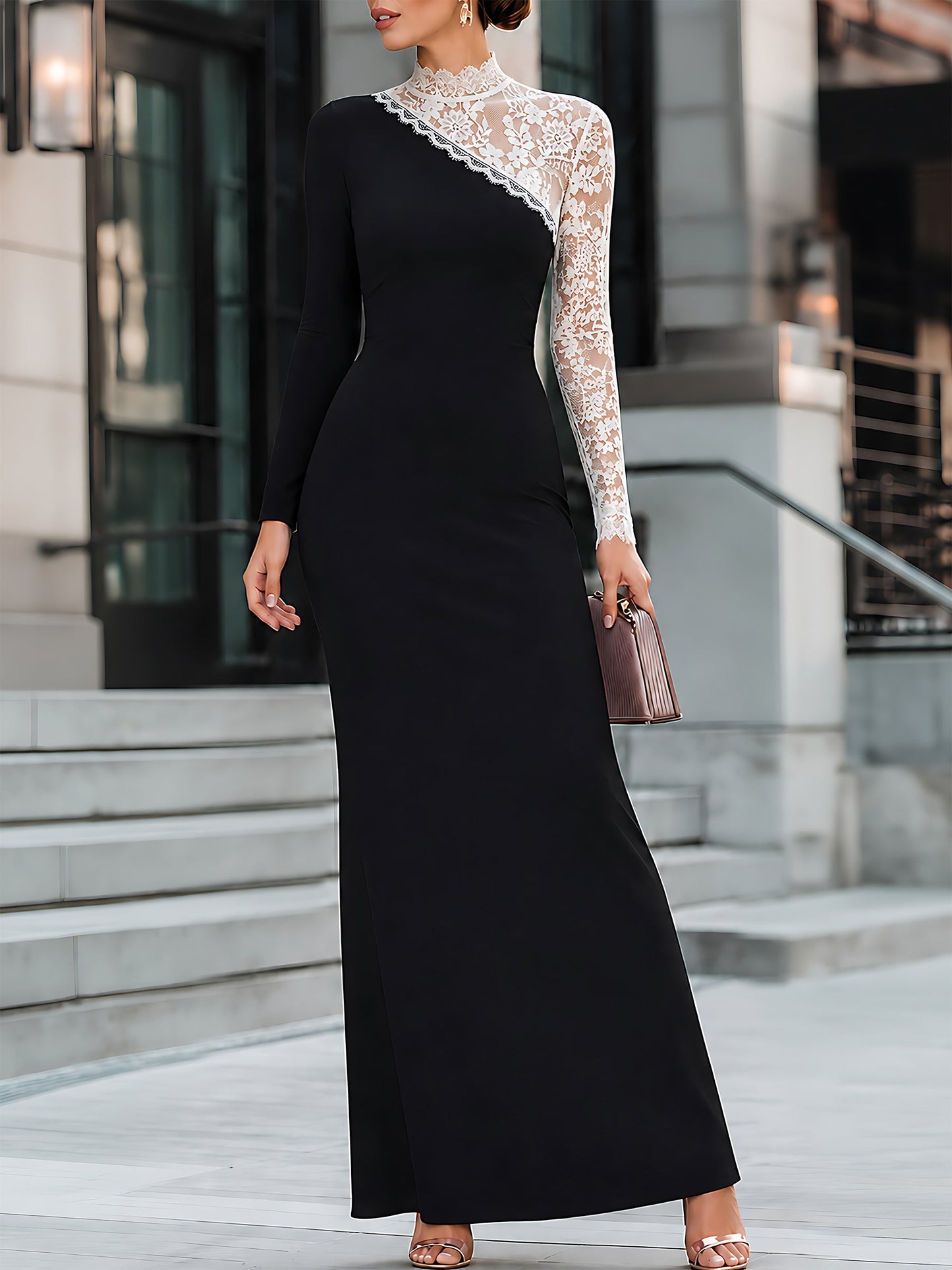 Asymmetric Lace-Spliced Maxi Dress