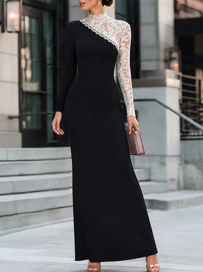 Asymmetric Lace-Spliced Maxi Dress