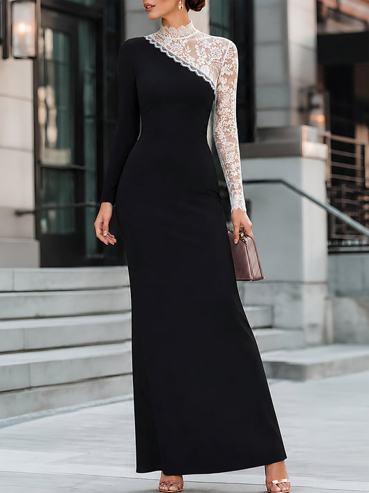 Asymmetric Lace-Spliced Maxi Dress