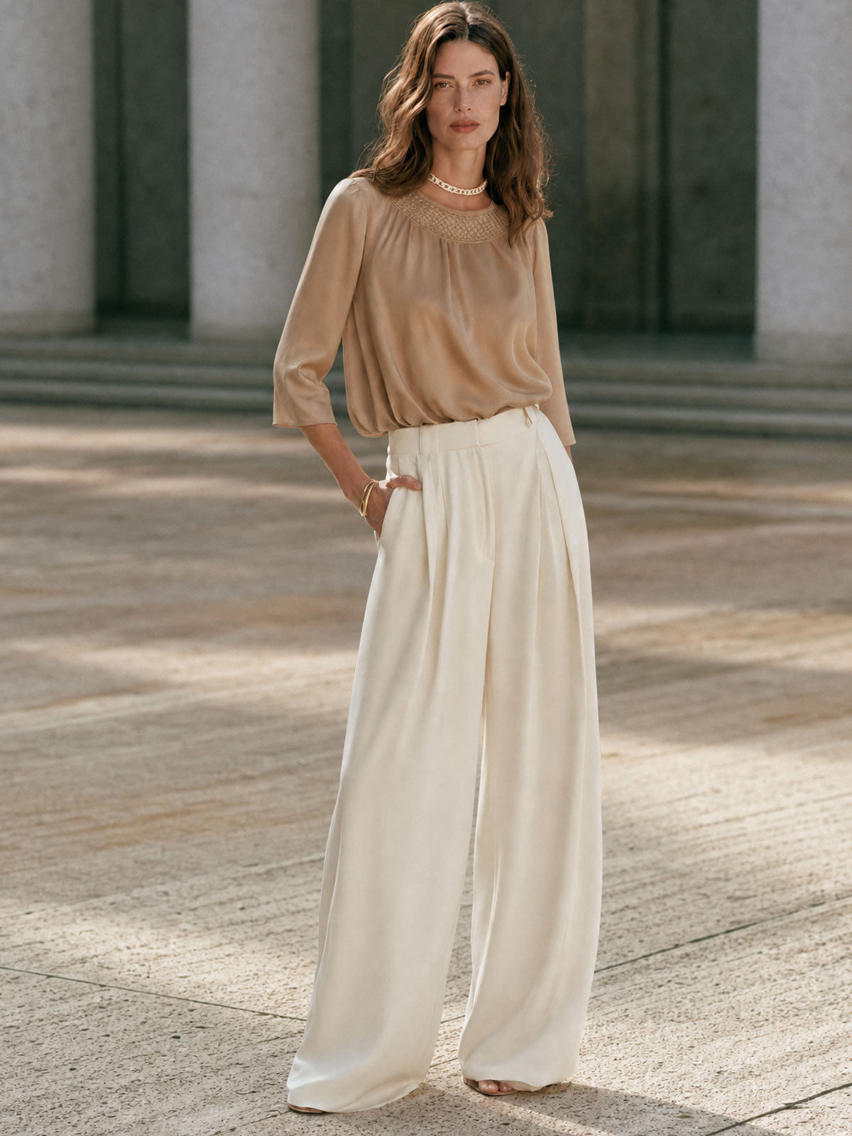 Women's Elegant Wide Leg Pleated Trousers with Satin Blouse