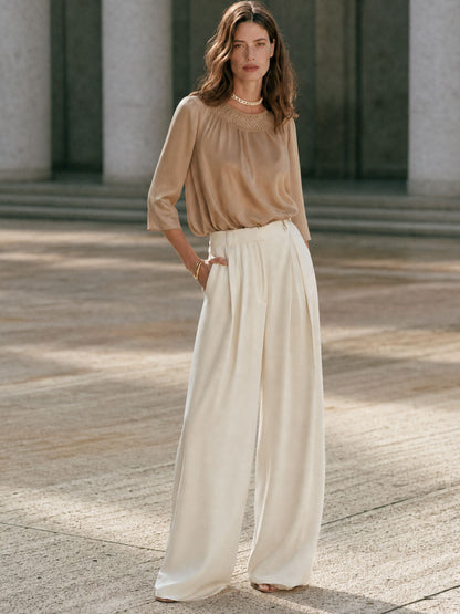 Women's Elegant Wide Leg Pleated Trousers with Satin Blouse