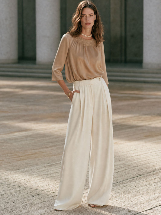 Women's Elegant Wide Leg Pleated Trousers with Satin Blouse