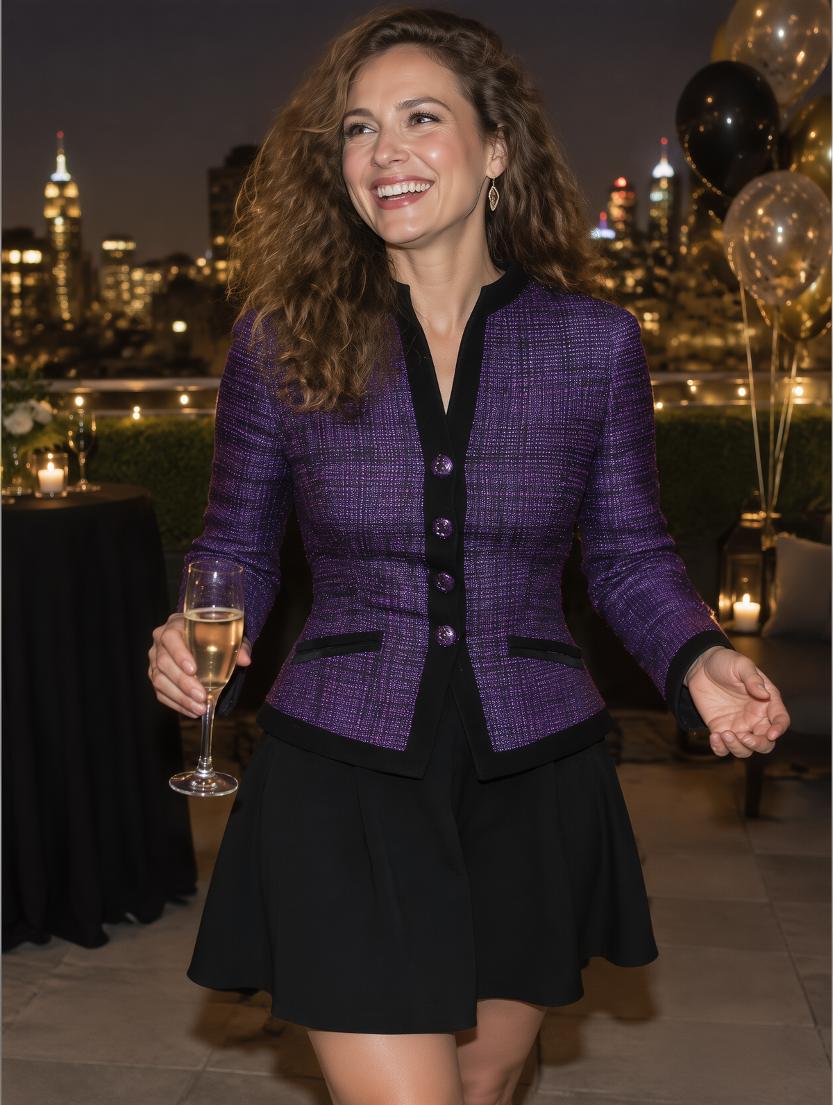 Purple Tweed Black Trim Mandarin Collar Fitted Jacket