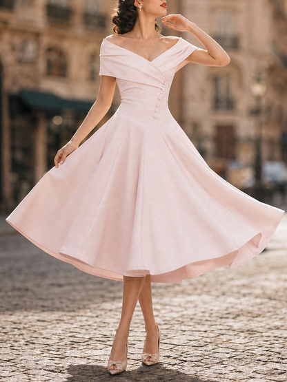 1950s Vintage Pink Off-Shoulder Button-Detail Fit-and-Flare Midi Dress