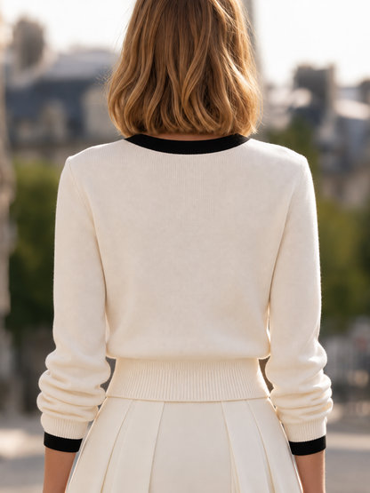 Contrast-Trim Pearl-Button Knit Cardigan