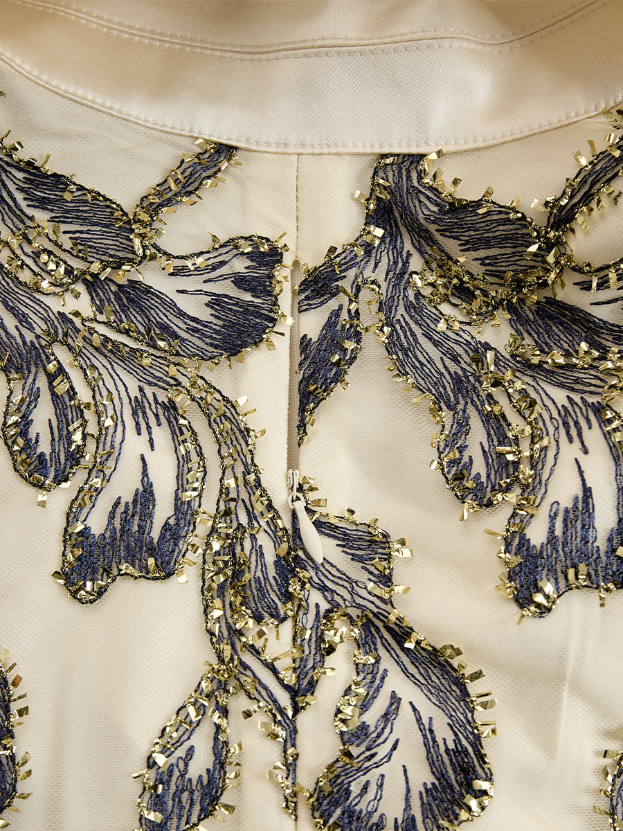 KSXTXX Embroidered Mesh Midi Dress With Metallic Leaf Motif