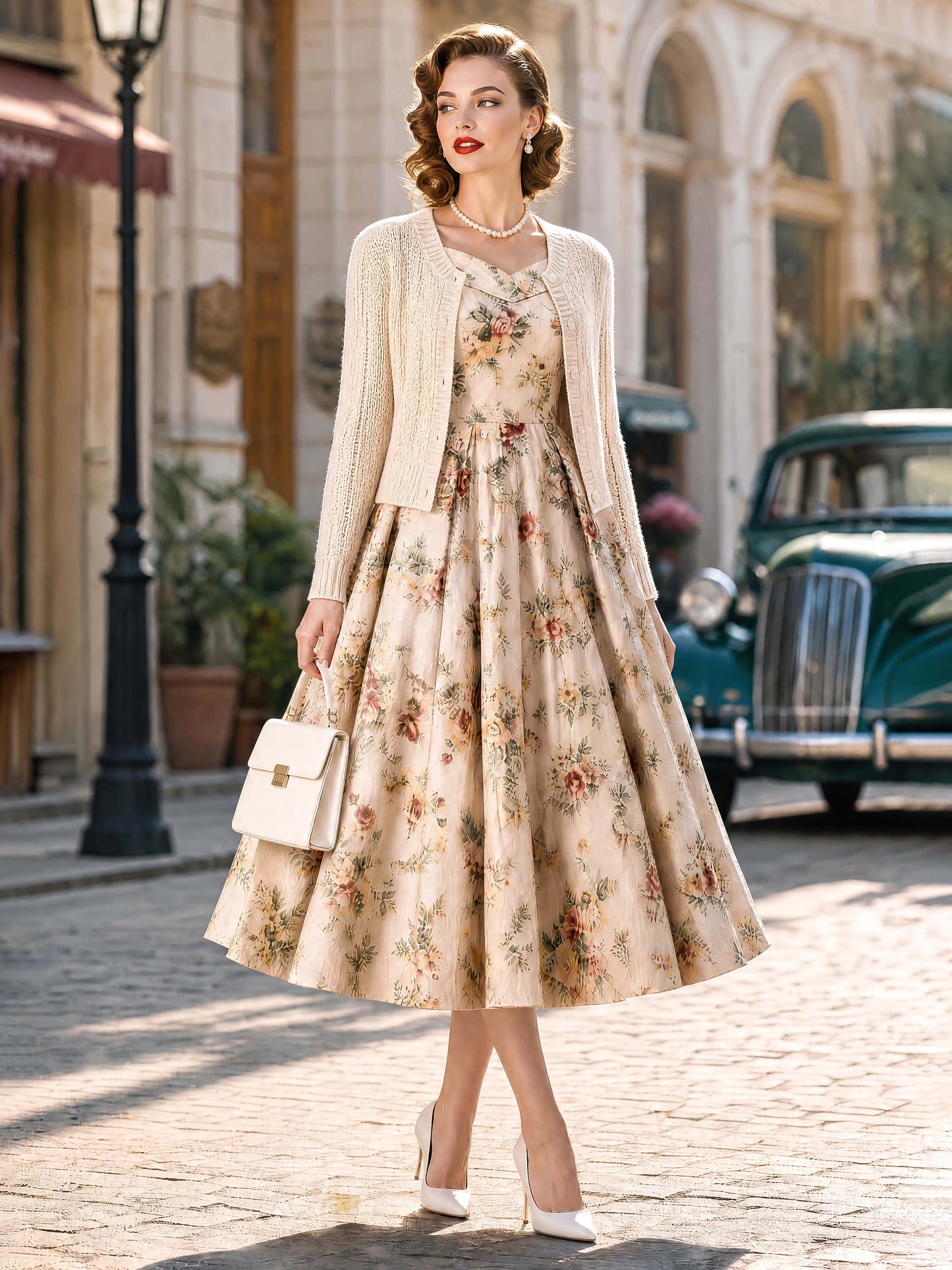 Vintage Floral Square Neck Swing Dress