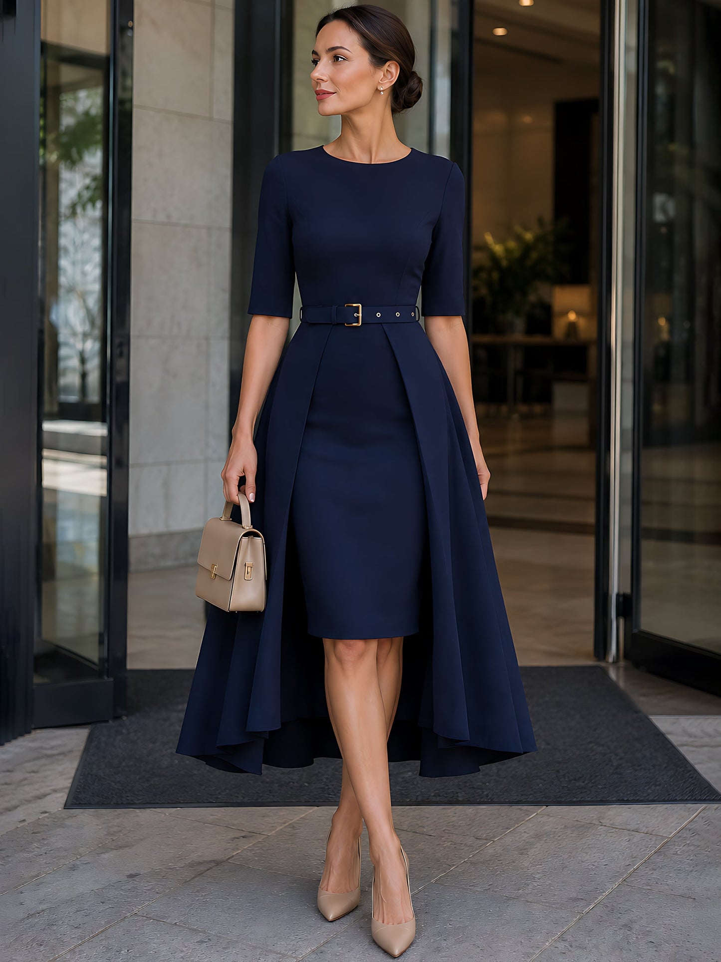 Belted Overlay Pencil Midi Dress