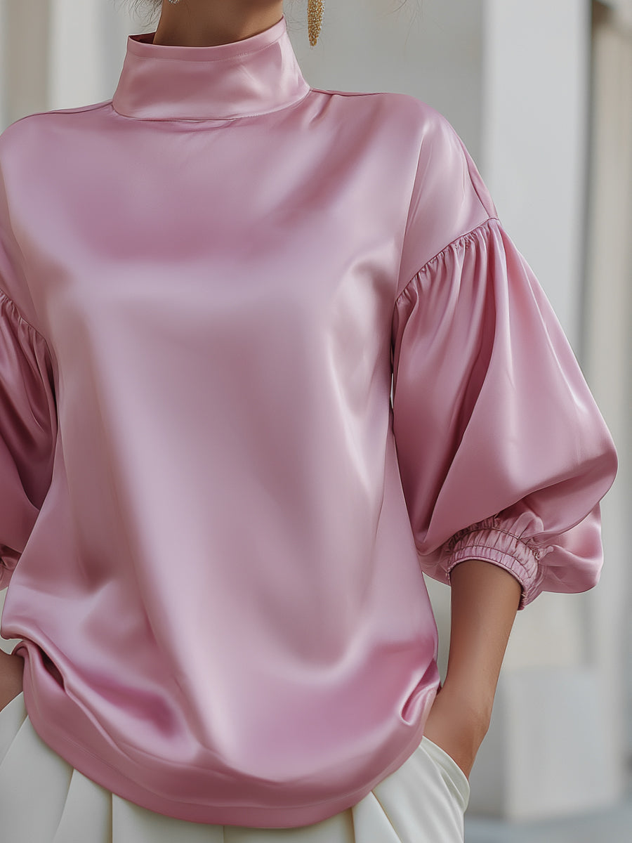 High-Neck Satin Blouse With Voluminous Sleeves