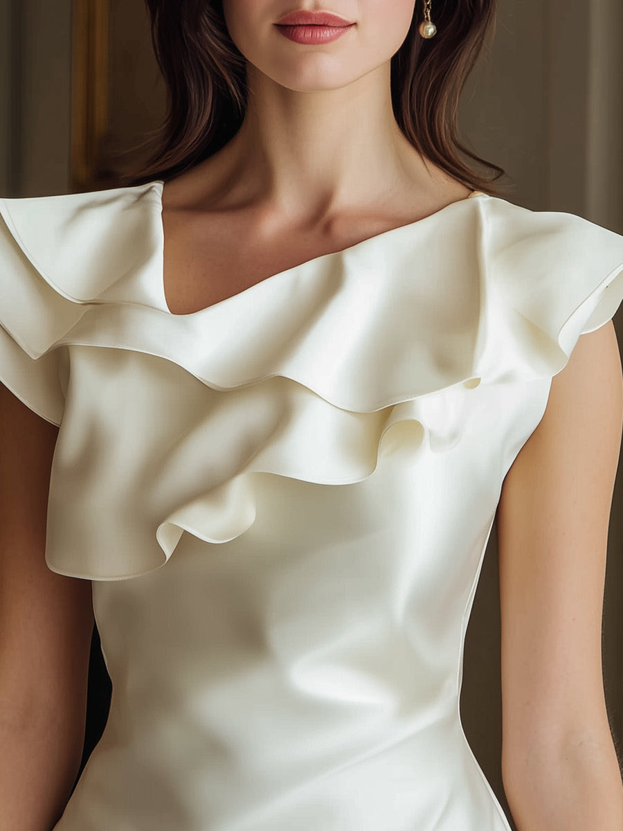 Ivory Ruffled Cap Sleeve Blouse With Sculpted Neckline