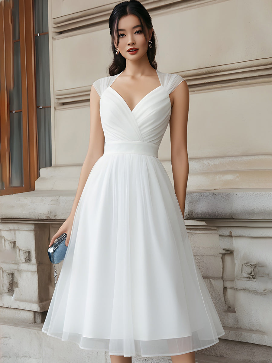 V-Neck Pleated Midi Dress With Cap Sleeves