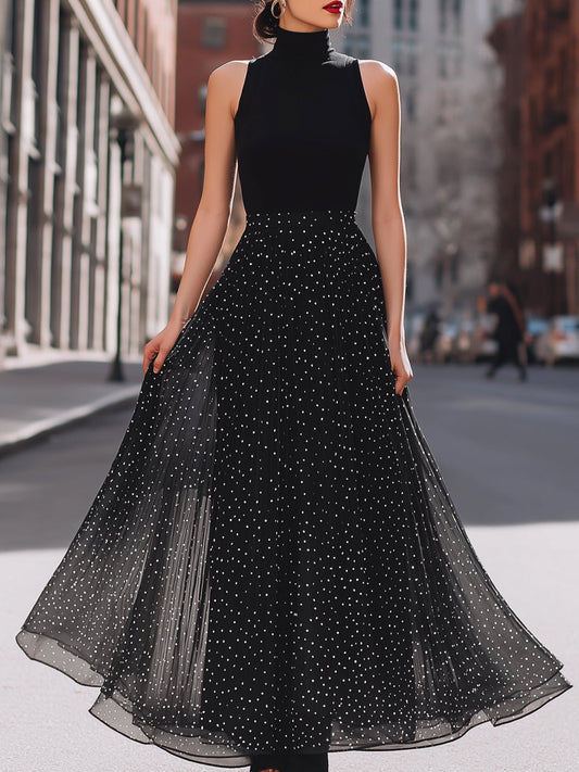 Sleeveless High-Neck Polka Dot Chiffon Maxi Dress