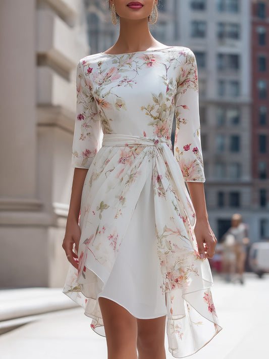 Floral Chiffon Asymmetrical Midi Dress With Waist Tie
