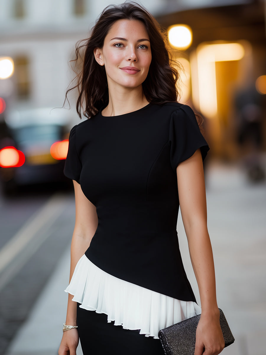 Asymmetric Peplum Hem Short Sleeve Sculpted Top