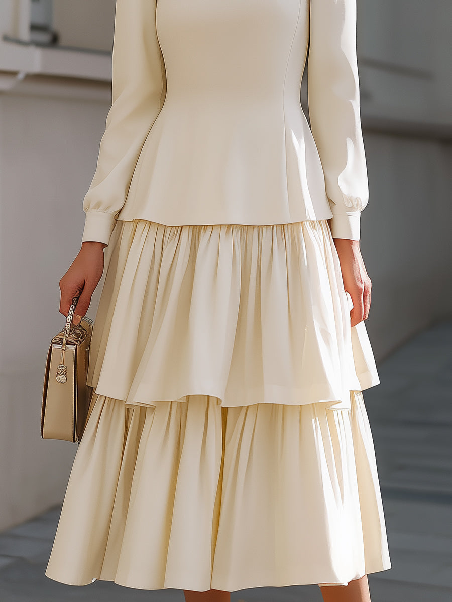 Elegant Ivory Peplum Tiered Midi Dress