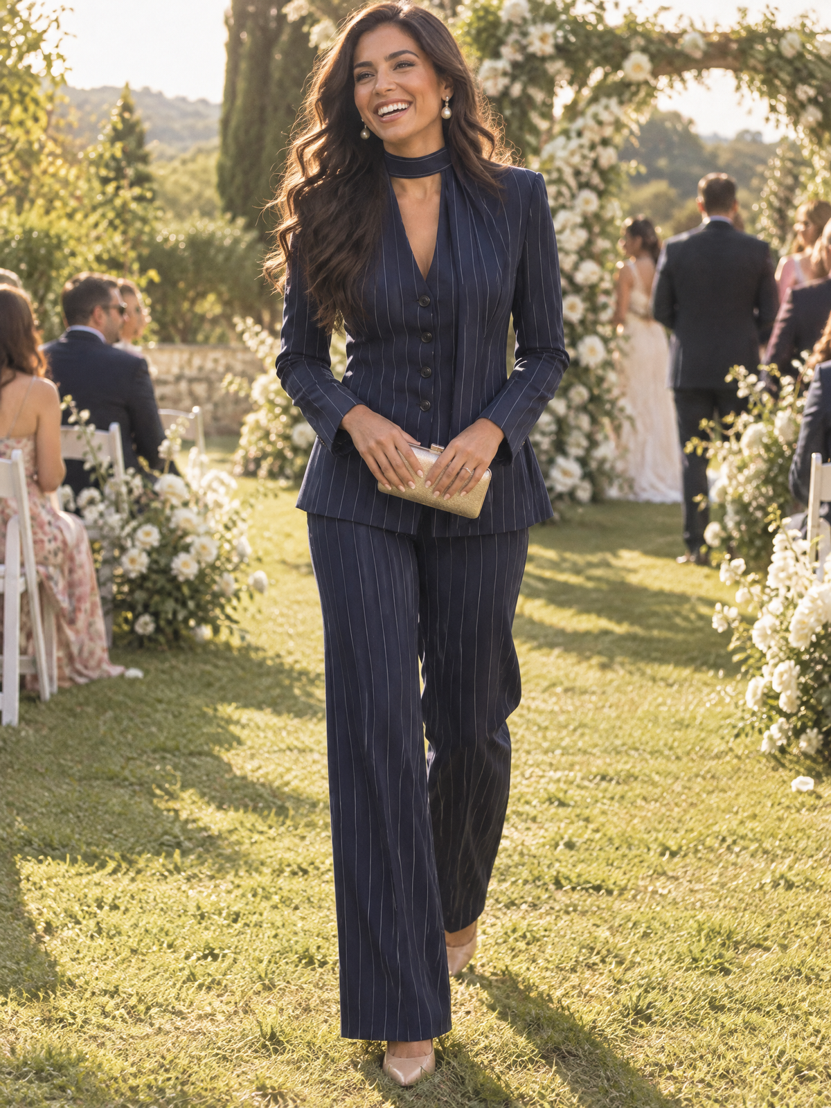 Pinstripe V-Neck Tie Neck Blazer & Wide Leg Pants Co-Ord Set
