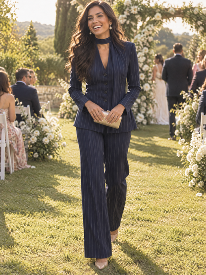 Pinstripe V-Neck Tie Neck Blazer & Wide Leg Pants Co-Ord Set
