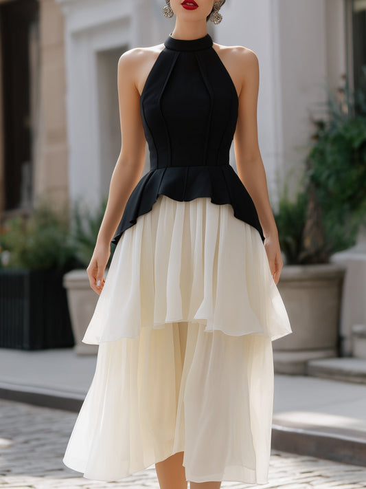 Halter Neck Peplum Layered Midi Dress
