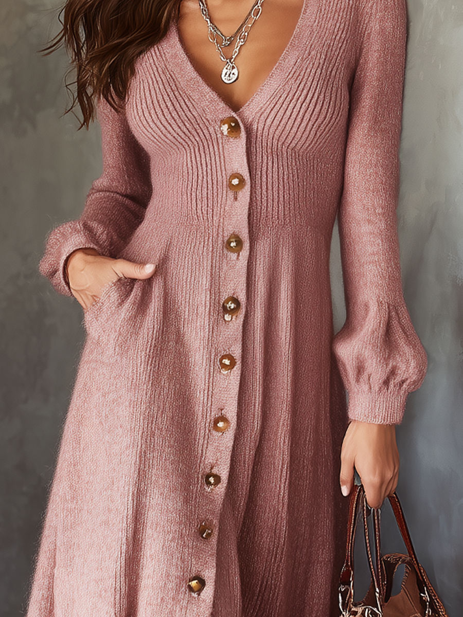 Retro V-neck Button Pockets Mohair Knitted Midi Dress