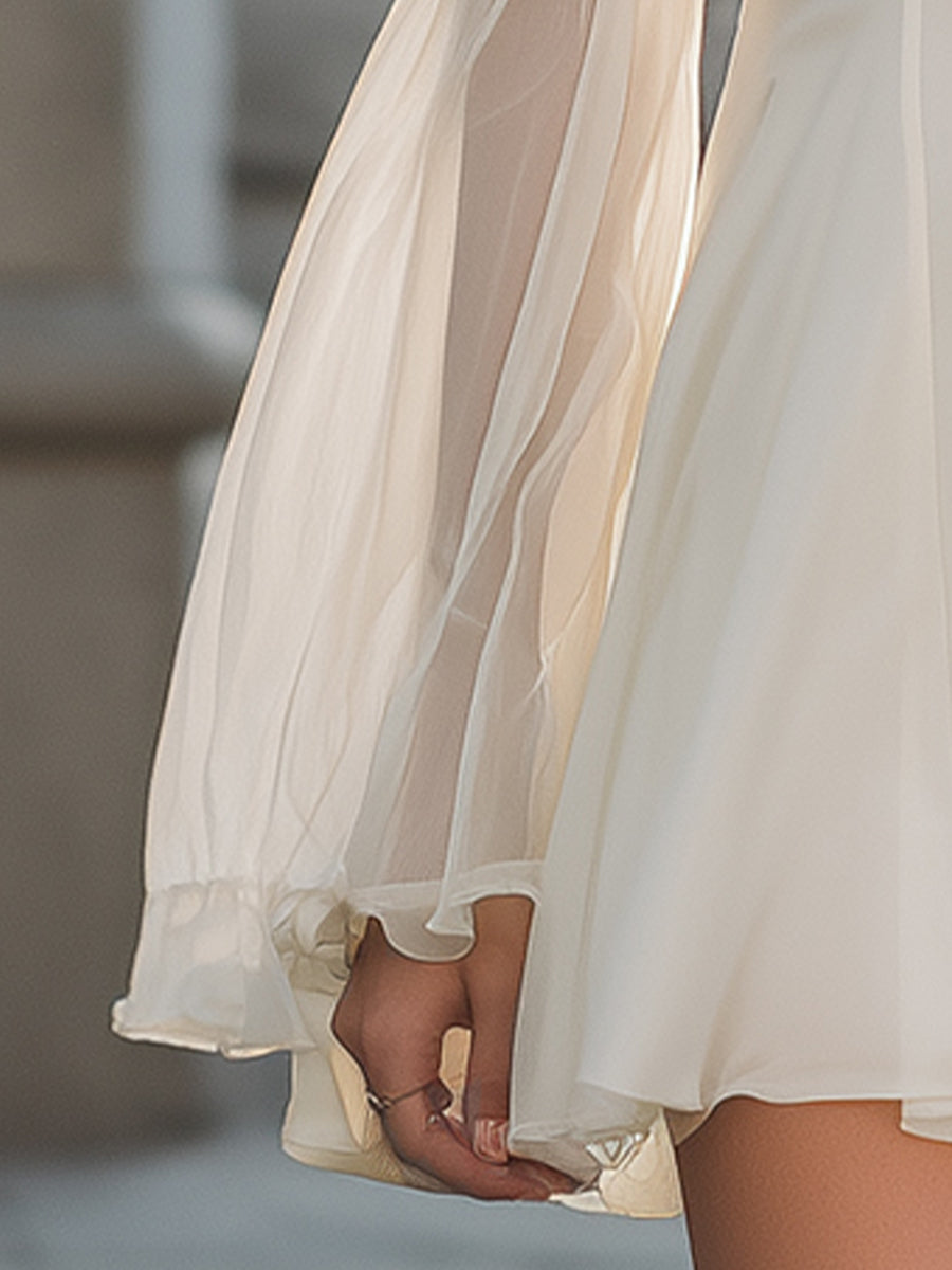 Ethereal Long Bell-Sleeve Chiffon Mini Dress