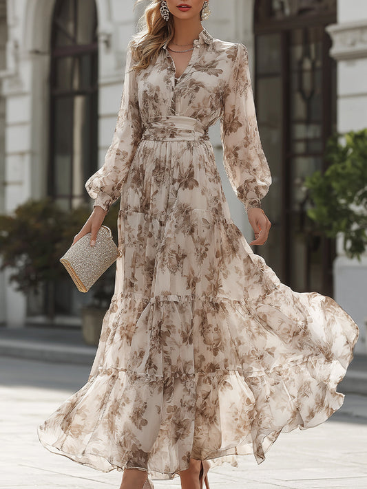 Floral Print Tiered Belted Maxi Dress