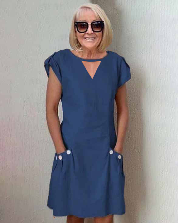 V-neck Pocket Short Sleeve Cotton Pencil Tunic Dress