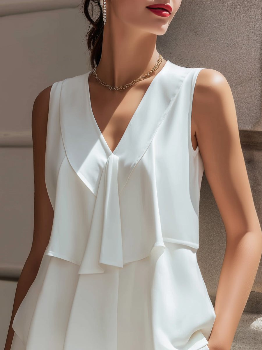 Sleeveless V-Neck Layered Ruffle Blouse
