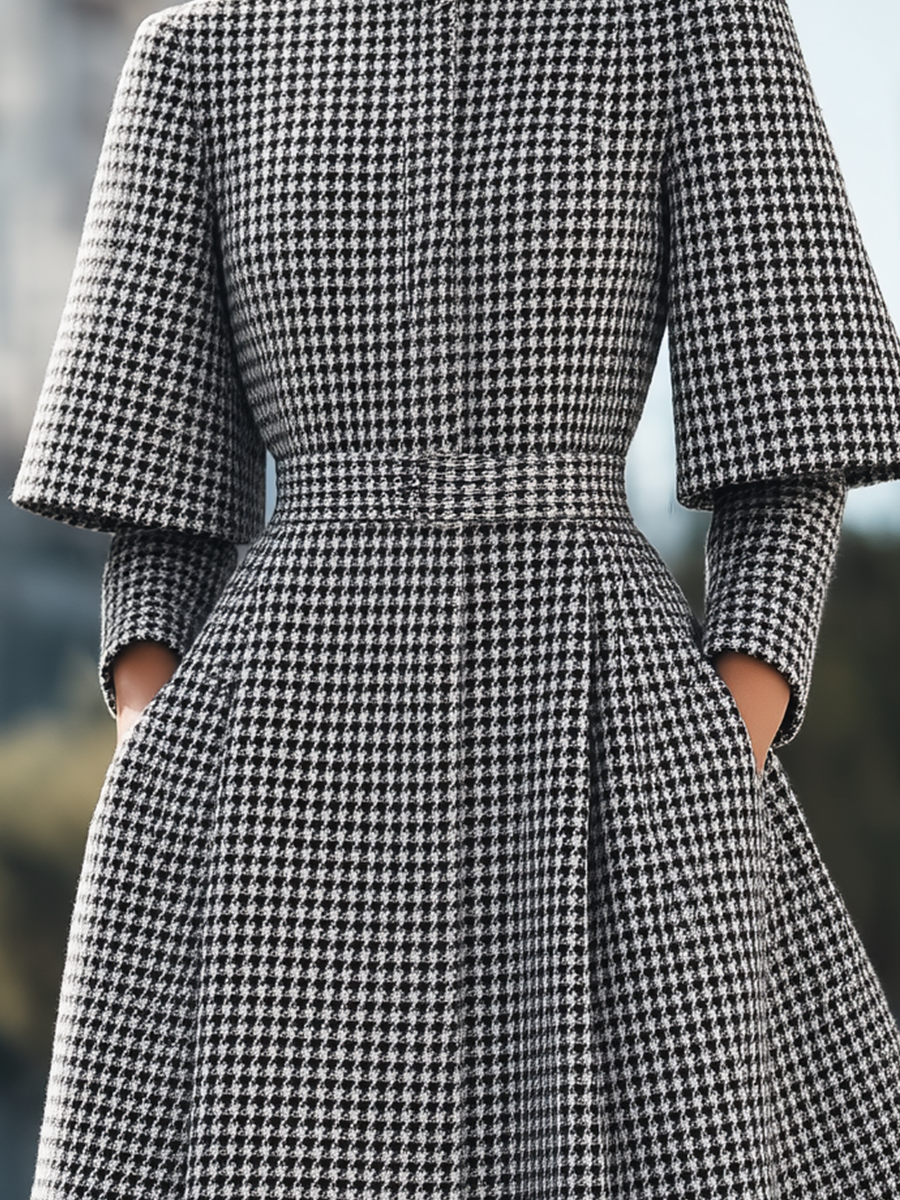 Houndstooth High Neck Layered Sleeve Belted Wool Midi Coat