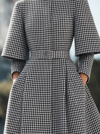 Houndstooth High Neck Layered Sleeve Belted Wool Midi Coat