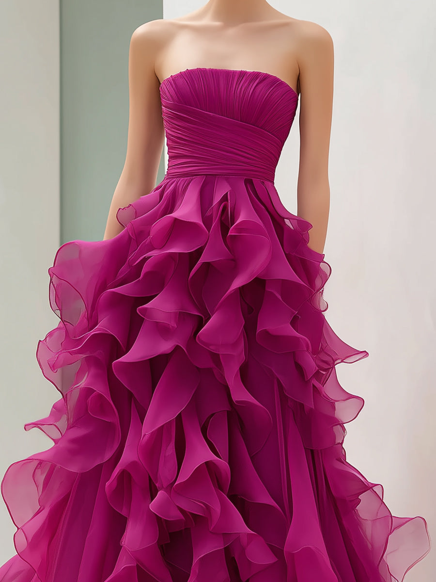 Strapless Magenta Ruffled Organza Ball Gown