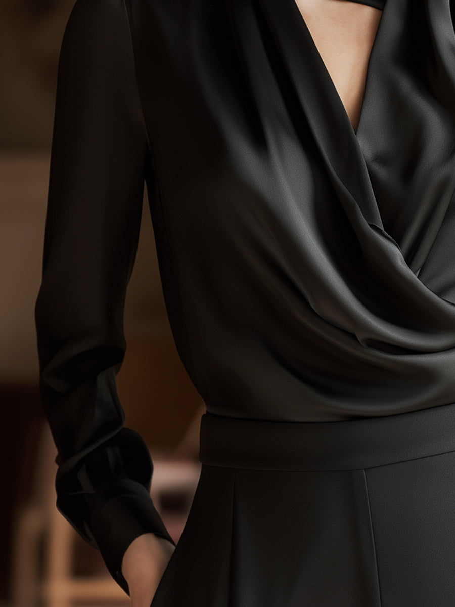 Black Draped Silk Blouse With Neck Tie Detail
