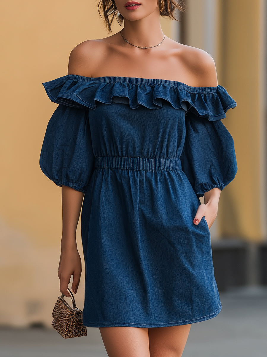 Dark Blue Off-the-Shoulder Ruffled Denim Mini Dress