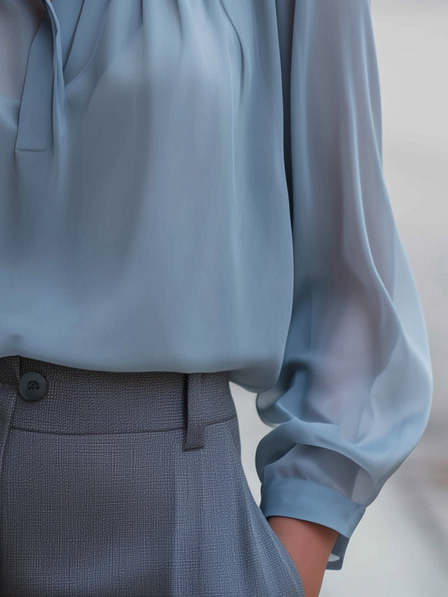 Dusty Blue Pleated Mandarin-Collar Chiffon Blouse