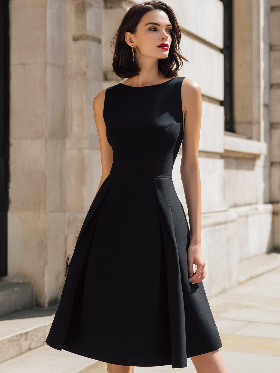 Classic A-Line Black Dress With Pleated Skirt