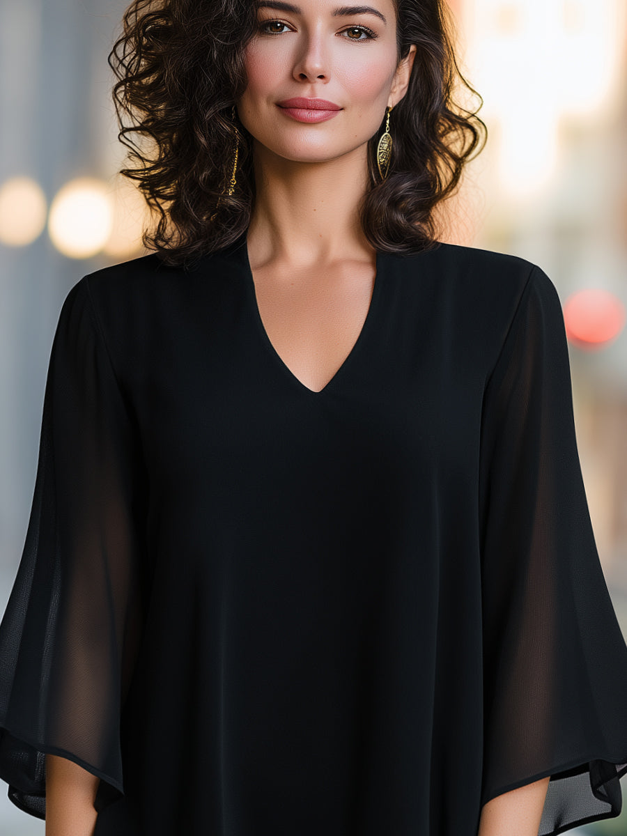 V-Neck Chiffon Cape-Sleeve Blouse