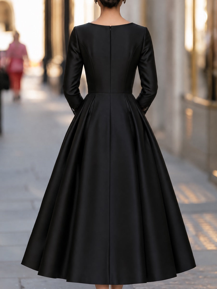 Lace Cuff Long Sleeve Pleated A-Line Midi Dress