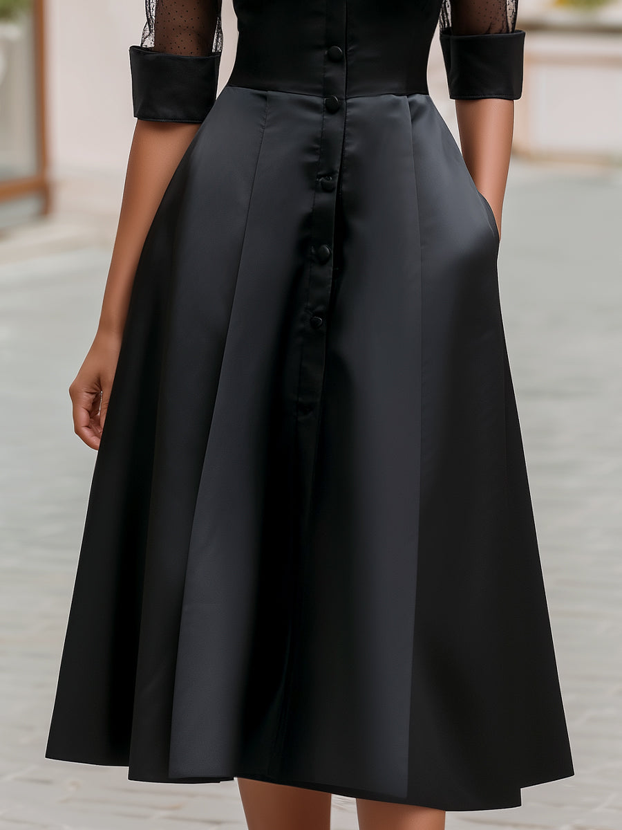 Sheer Panel Button-Front Midi Shirt Dress