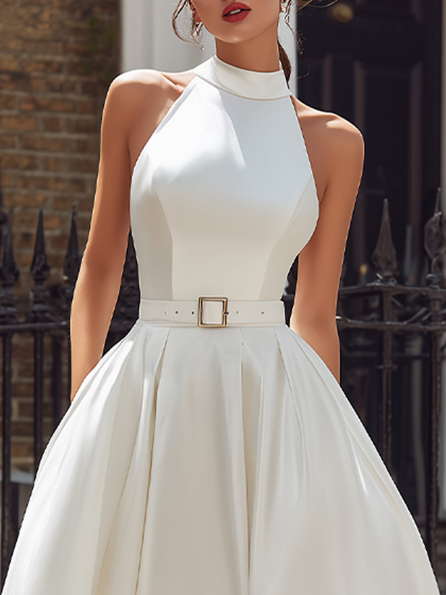Ethereal Grace Halter-Neck Satin Midi Dress With Belted Waist