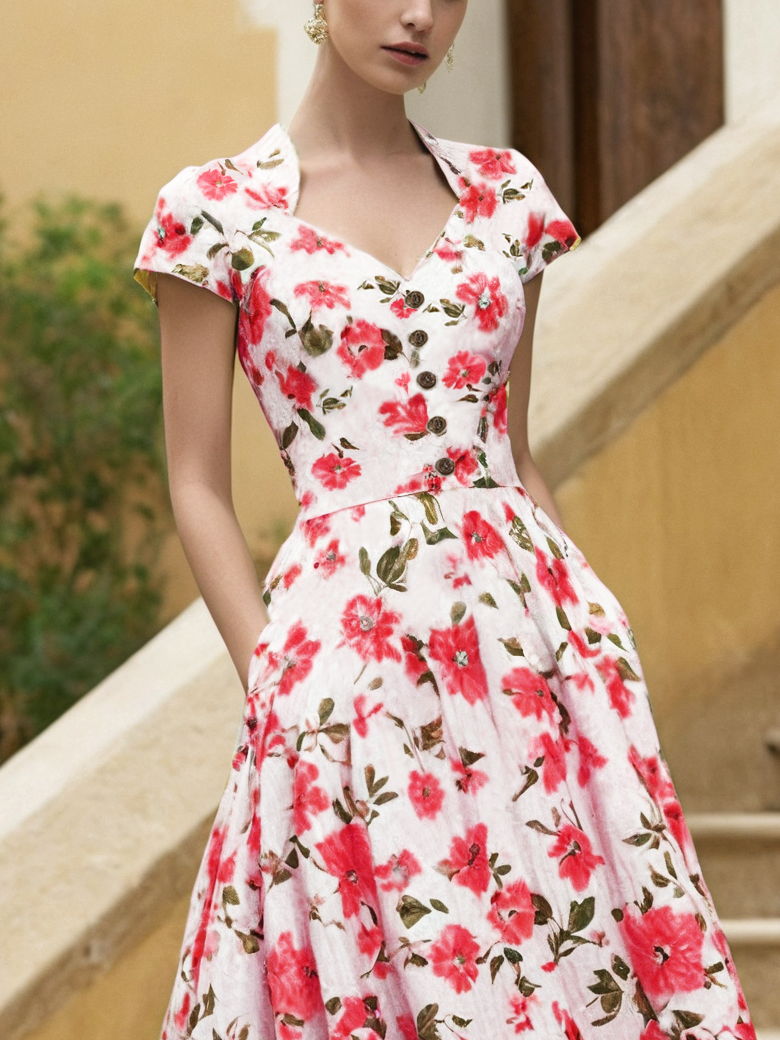 Linen Midi Dress, Short Sleeve, Sweetheart Neckline, Floral, Vintage, Red