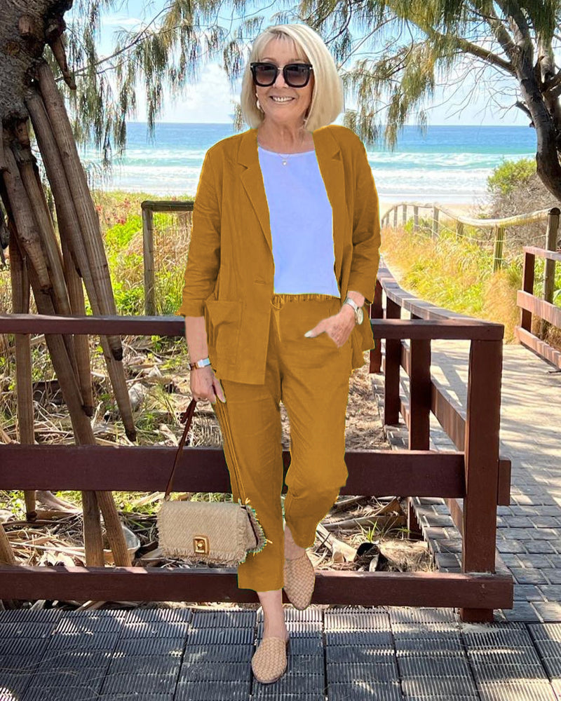 Autumn casual cotton and linen suit top+pants two-piece set