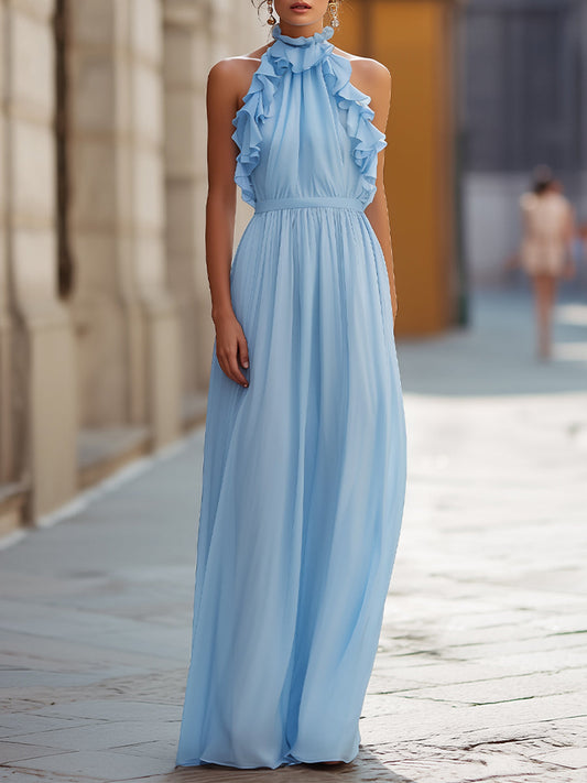 Ethereal Sky Blue Ruffled Halter Chiffon Maxi Dress